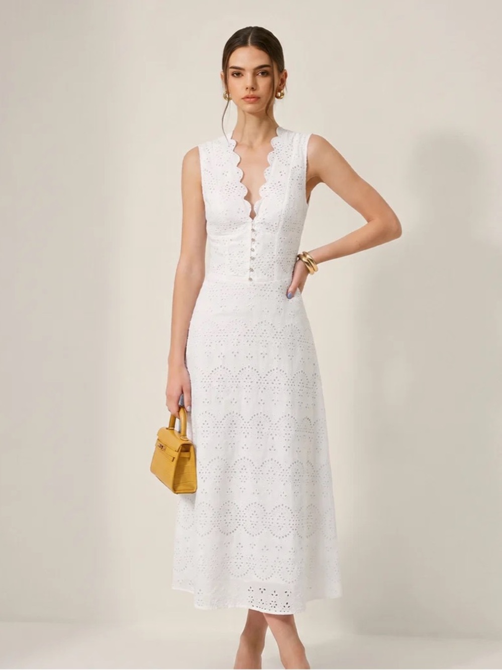 Commense Cotton Sleeveless Embroidered Eyelet Dress with Deep V Neck
